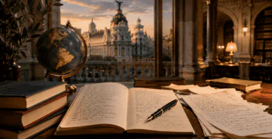 Manuscritos de poesía americana frente a una vista de Madrid y un globo con América.