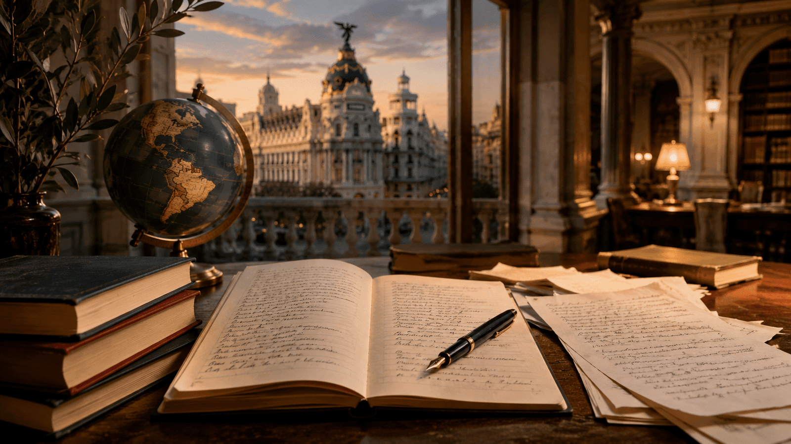Manuscritos de poesía americana frente a una vista de Madrid y un globo con América.