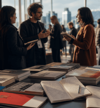 Imagen editorial sobre Chile rumbo a Frankfurt 2027 con libros, profesionales del sector y una bandera chilena en primer plano