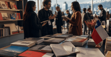 Imagen editorial sobre Chile rumbo a Frankfurt 2027 con libros, profesionales del sector y una bandera chilena en primer plano