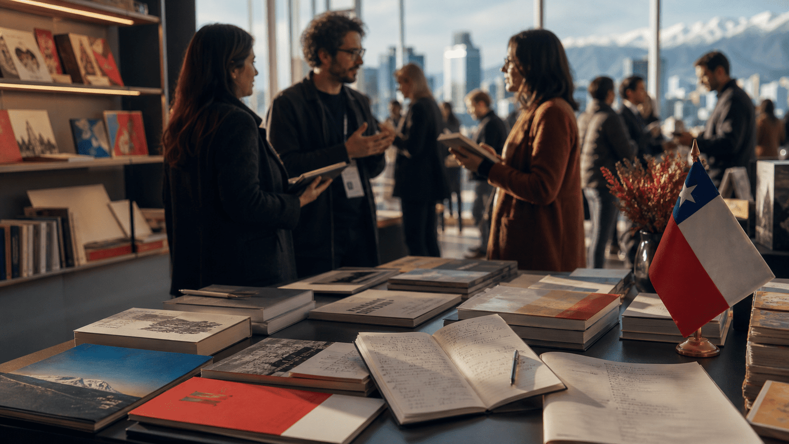 Imagen editorial sobre Chile rumbo a Frankfurt 2027 con libros, profesionales del sector y una bandera chilena en primer plano