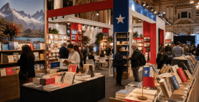 Stand de Chile en una feria del libro internacional con visitantes, editoriales y exhibición de libros.