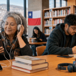 Personas escuchan audiolibros y leen en una biblioteca pública digital en Chile.