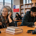 Personas escuchan audiolibros y leen en una biblioteca pública digital en Chile.