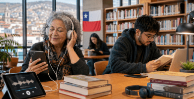 Personas escuchan audiolibros y leen en una biblioteca pública digital en Chile.