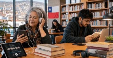 Personas escuchan audiolibros y leen en una biblioteca pública digital en Chile.