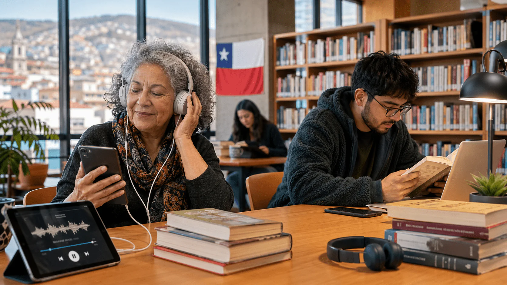 Personas escuchan audiolibros y leen en una biblioteca pública digital en Chile.