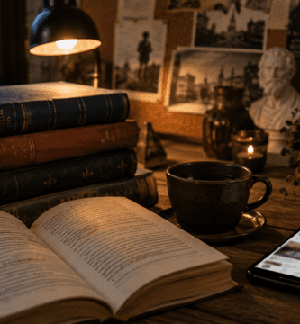 Libro clásico abierto junto a una taza y un celular con redes sociales en un escritorio cálido.
