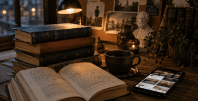 Libro clásico abierto junto a una taza y un celular con redes sociales en un escritorio cálido.