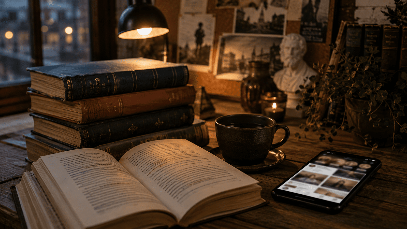 Libro clásico abierto junto a una taza y un celular con redes sociales en un escritorio cálido.