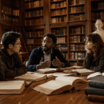 Lectores conversan sobre libros clásicos en una biblioteca antigua.