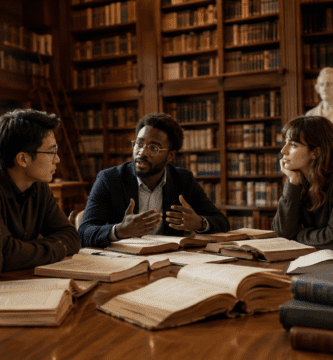 Lectores conversan sobre libros clásicos en una biblioteca antigua.