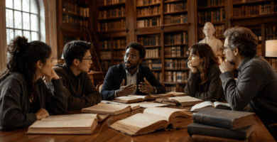 Lectores conversan sobre libros clásicos en una biblioteca antigua.