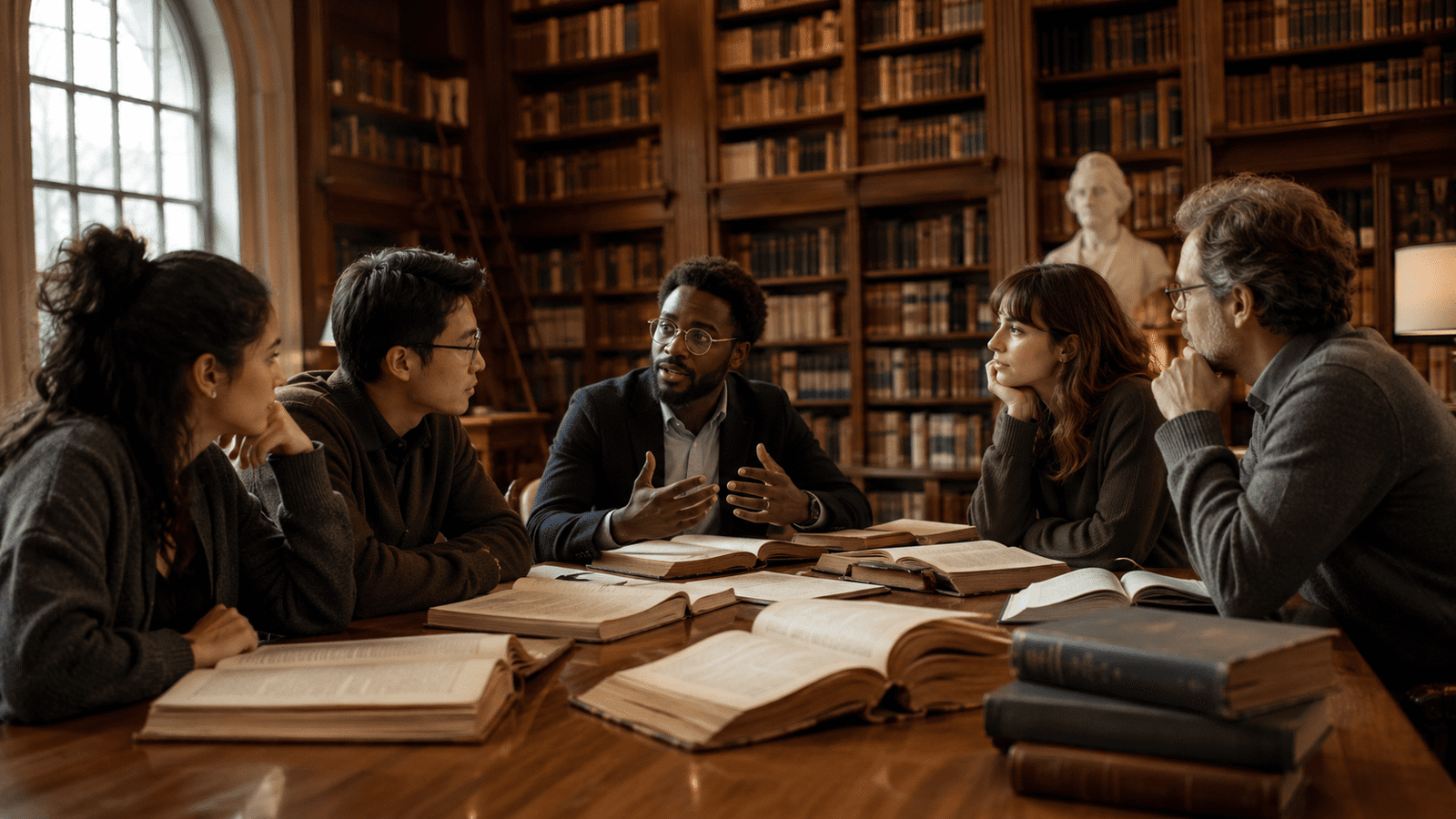 Lectores conversan sobre libros clásicos en una biblioteca antigua.