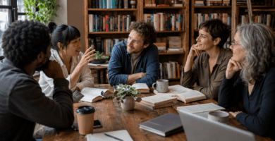 Grupo de lectores conversa en una biblioteca-café durante un club de lectura.