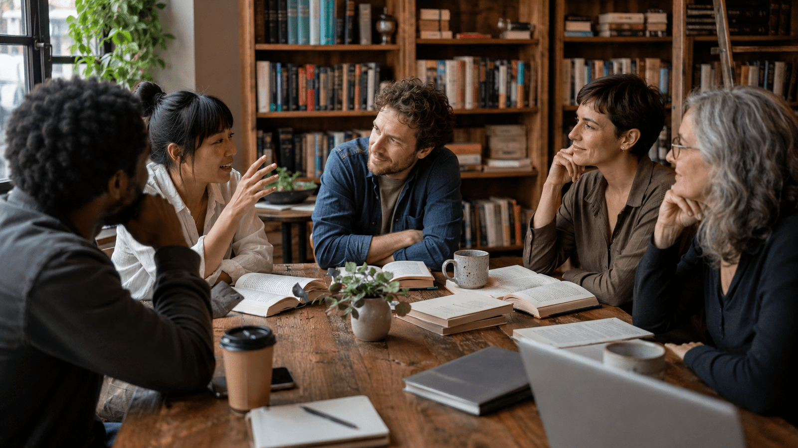 Grupo de lectores conversa en una biblioteca-café durante un club de lectura.