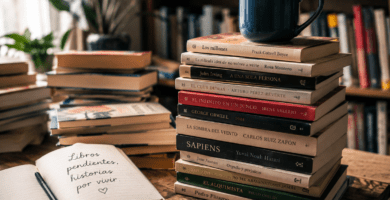 Pila de libros pendientes con una taza y un cuaderno en una biblioteca personal.