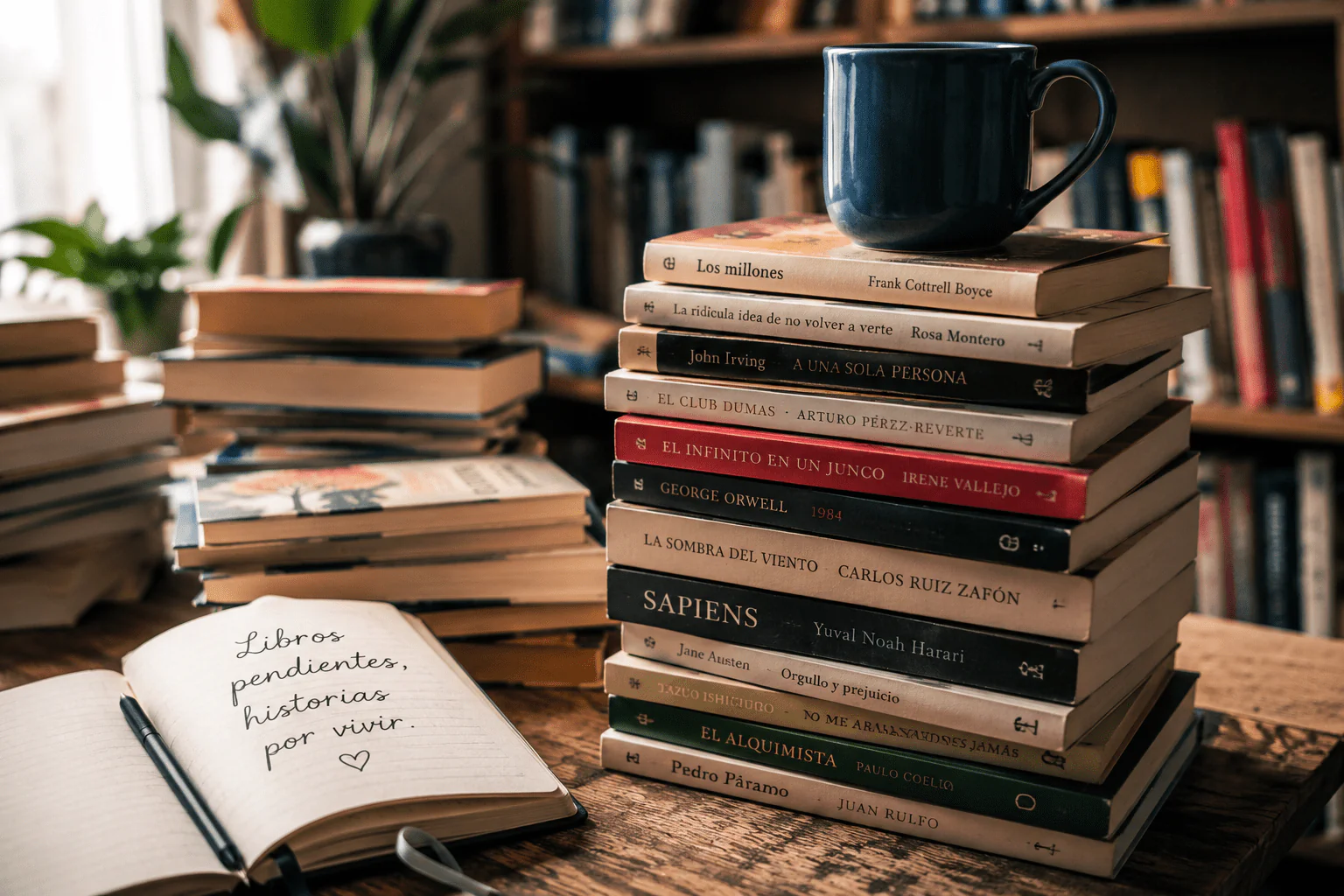 Pila de libros pendientes con una taza y un cuaderno en una biblioteca personal.