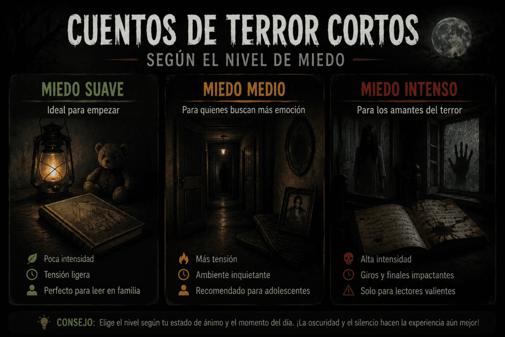 Infografía oscura con tres niveles de miedo: suave, medio e intenso, para elegir cuentos de terror cortos según la intensidad.