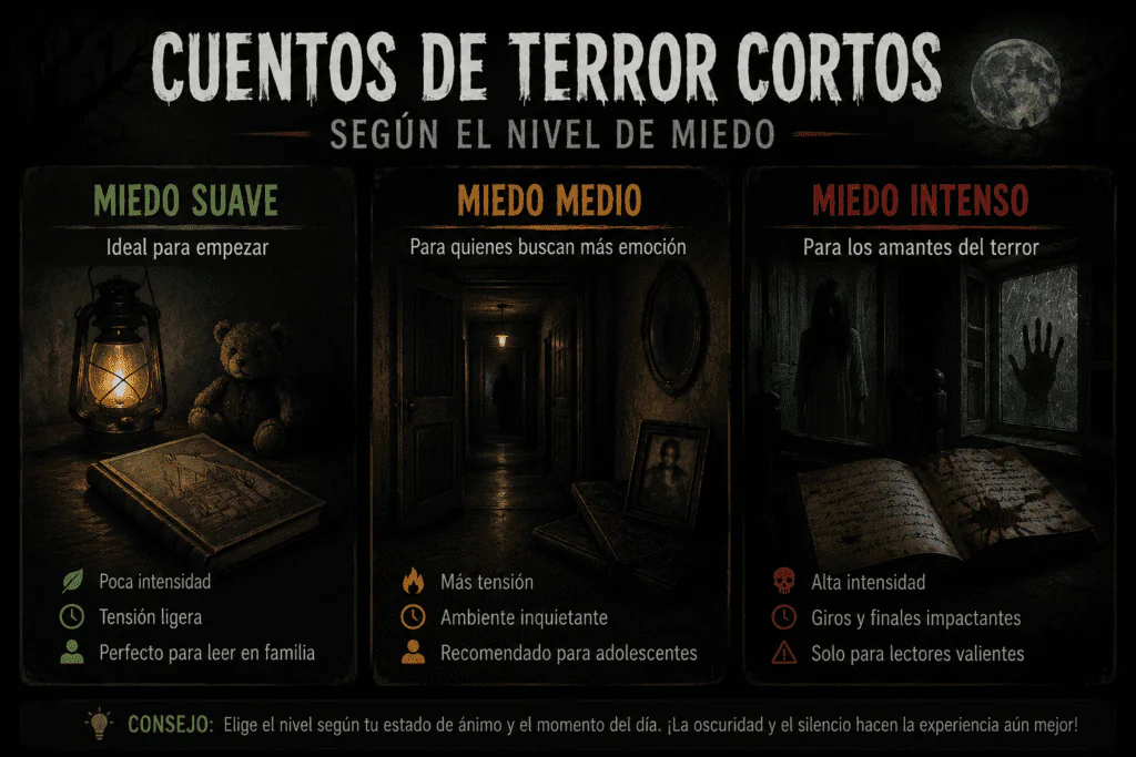 Infografía oscura con tres niveles de miedo: suave, medio e intenso, para elegir cuentos de terror cortos según la intensidad.