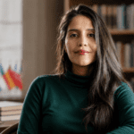 Retrato editorial inspirado en Daniela Catrileo en biblioteca, tras recibir el Premio Anna Seghers 2026.