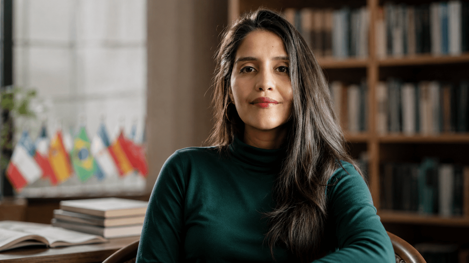Retrato editorial inspirado en Daniela Catrileo en biblioteca, tras recibir el Premio Anna Seghers 2026.