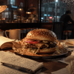 Hamburguesa sobre una mesa con libros abiertos y apuntes en un café nocturno.