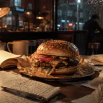 Hamburguesa sobre una mesa con libros abiertos y apuntes en un café nocturno.