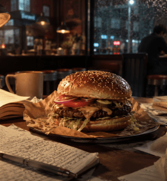 Hamburguesa sobre una mesa con libros abiertos y apuntes en un café nocturno.