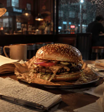 Hamburguesa sobre una mesa con libros abiertos y apuntes en un café nocturno.