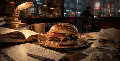 Hamburguesa sobre una mesa con libros abiertos y apuntes en un café nocturno.