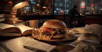 Hamburguesa sobre una mesa con libros abiertos y apuntes en un café nocturno.