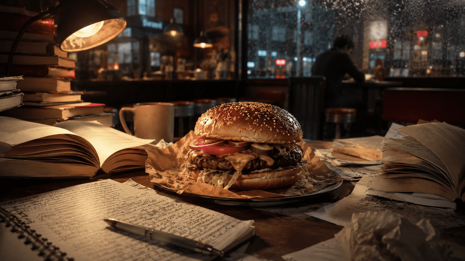 Hamburguesa sobre una mesa con libros abiertos y apuntes en un café nocturno.