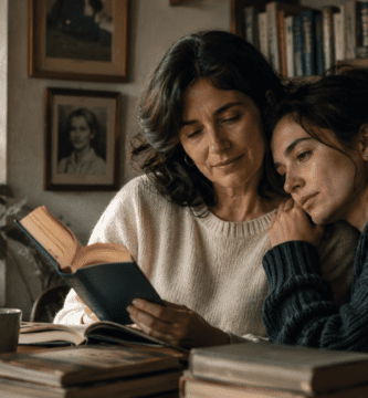 Madre e hija leen juntas en una biblioteca doméstica para el Día de la Madre en Chile.