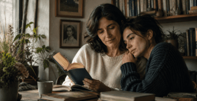 Madre e hija leen juntas en una biblioteca doméstica para el Día de la Madre en Chile.