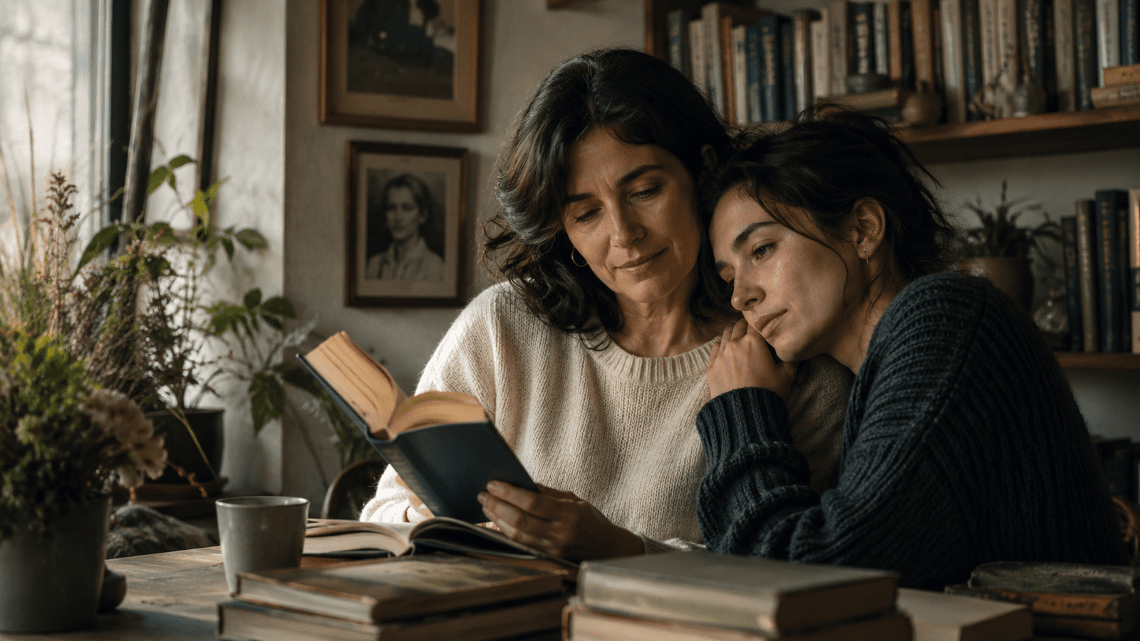Madre e hija leen juntas en una biblioteca doméstica para el Día de la Madre en Chile.