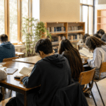 Estudiantes leen en una biblioteca escolar luminosa con mesas de estudio y estanterías al fondo.
