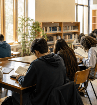 Estudiantes leen en una biblioteca escolar luminosa con mesas de estudio y estanterías al fondo.