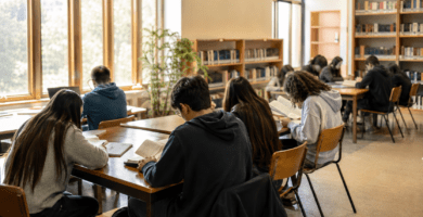 Estudiantes leen en una biblioteca escolar luminosa con mesas de estudio y estanterías al fondo.
