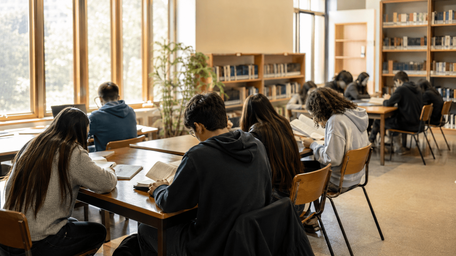 Estudiantes leen en una biblioteca escolar luminosa con mesas de estudio y estanterías al fondo.