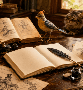 Escritorio antiguo con cuaderno, pluma, dibujos absurdos y criaturas fantásticas inspiradas en el limerick.