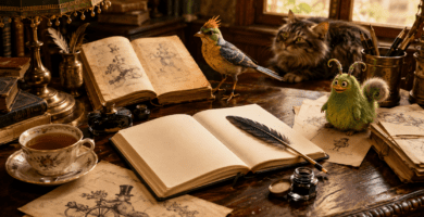 Escritorio antiguo con cuaderno, pluma, dibujos absurdos y criaturas fantásticas inspiradas en el limerick.