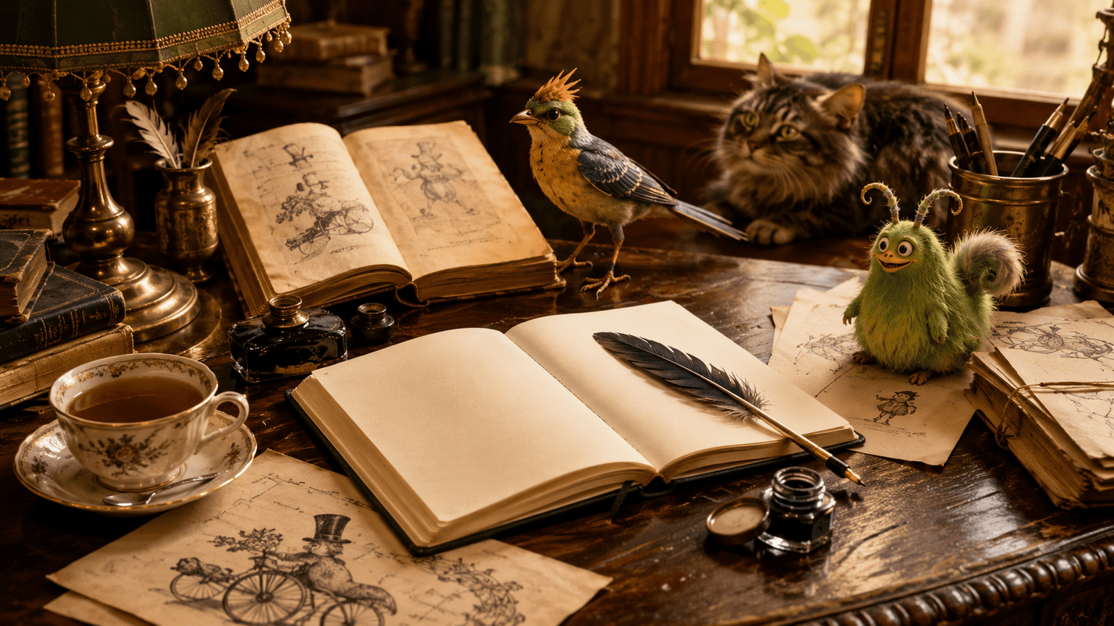 Escritorio antiguo con cuaderno, pluma, dibujos absurdos y criaturas fantásticas inspiradas en el limerick.