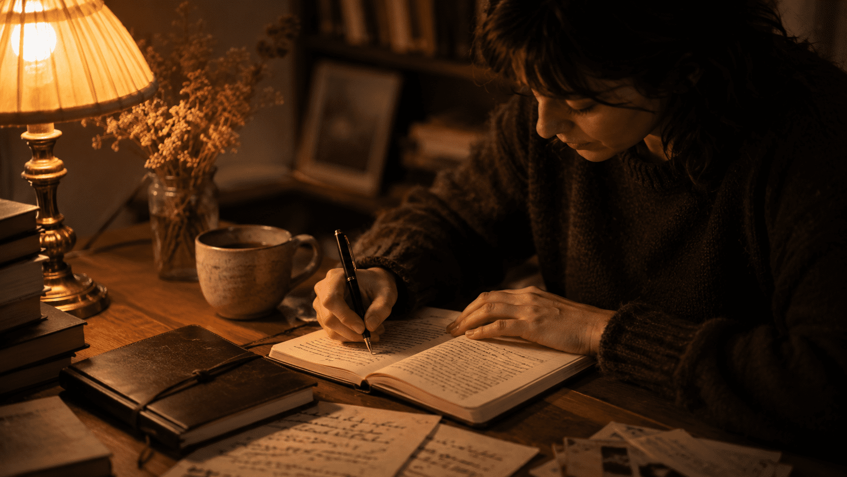 Persona escribe en un diario íntimo bajo la luz cálida de una lámpara.