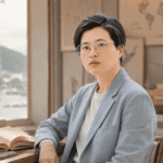 Retrato editorial de Yáng Shuāng-zǐ en un estudio literario con libros y paisaje taiwanés.