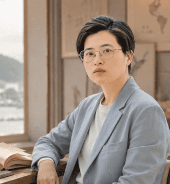 Retrato editorial de Yáng Shuāng-zǐ en un estudio literario con libros y paisaje taiwanés.