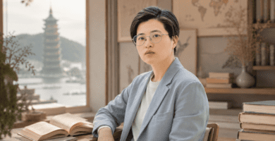 Retrato editorial de Yáng Shuāng-zǐ en un estudio literario con libros y paisaje taiwanés.