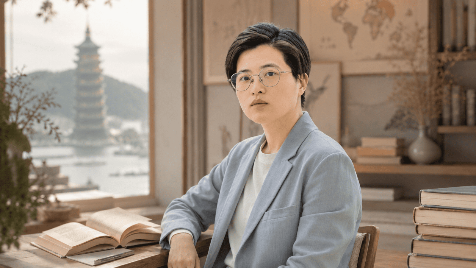 Retrato editorial de Yáng Shuāng-zǐ en un estudio literario con libros y paisaje taiwanés.