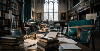 Sala académica con libros y manuscritos simboliza la crisis del James Tait Black Prize.