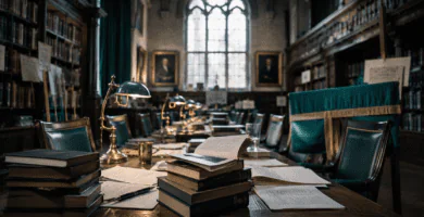 Sala académica con libros y manuscritos simboliza la crisis del James Tait Black Prize.